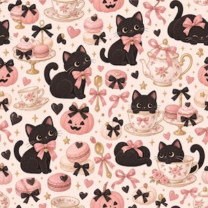 以下が含まれることがあります： 淡いピンクの背景に、ピンクのリボンをつけた黒猫、ピンクの花柄のティーカップ、ソーサー、ティーポット、黒いリボンをつけたピンクのマカロン、金のさじ、ピンクのカボチャ、小さな黒いハート、星が描かれた繰り返し模様。