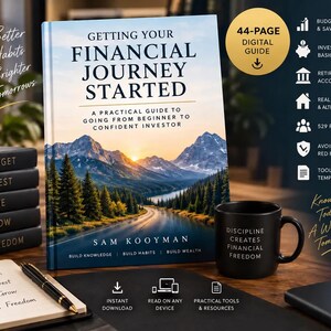 May include: A book titled Getting Your Financial Journey Started with a mountain landscape cover, a black mug with the text Discipline Creates Financial Freedom, a stack of five black books, and a notepad with a pen on a dark desk surface.