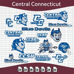 May include: A collection of blue and white Central Connecticut State University Blue Devils logos, including text, mascot heads, a football helmet, and the CCSU monogram. The designs feature various athletic graphics on a grid background.