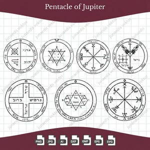 May include: A digital graphic set titled Pentacle of Jupiter featuring seven distinct circular black and white line art designs. Each circle contains intricate geometric patterns, symbols, and Hebrew script, presented on a light grid background.