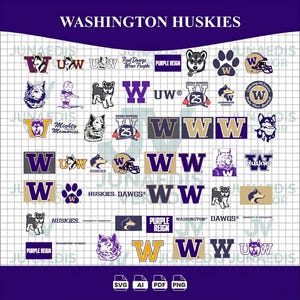 May include: A digital collection of Washington Huskies logos and graphics featuring various purple and gold designs, including the letter W, husky dog illustrations, paw prints, football helmets, and text such as Purple Reign and Dawgs on a grid.