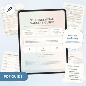 May include: A digital tablet displays The Essential Vaccine Guide, a medical reference document with sections for routine milestones, catch-up intervals, and Q&A cards. The screen features text, icons, and a summary of vaccine schedules for students.