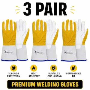 May include: Three pairs of welding gloves featuring yellow suede leather backs, white leather palms, and grey cuffs with the Aknada logo. The text 3 PAIR and PREMIUM WELDING GLOVES is displayed along with icons for protection, heat resistance, and comfort.