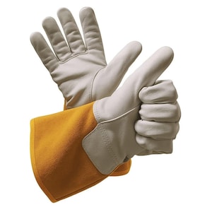 May include: A pair of work gloves featuring light grey leather fingers and palms, paired with extended mustard yellow suede gauntlet cuffs. The gloves are positioned with one hand open and the other hand forming a thumbs-up gesture.