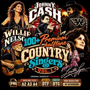 Peut inclure: Un design graphique numérique présentant des portraits de chanteurs country dont Johnny Cash, Willie Nelson et Loretta Lynn. Le texte indique 100+ Premium halftone COUNTRY Singers VOL. 1, ORIGINAL DESIGN BY MOODPAWS, PNG, A2 A3 A4, DTF, DTG.