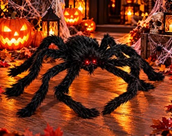Decorazione gigante a forma di ragno nero per Halloween, grande ragno peloso con occhi rossi, spaventosa decorazione per casa stregata all'aperto e al chiuso per Halloween