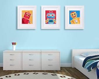 Retro Children's Tin Toy Robot art 3 print set, instant digital download, robot print, kids wall art, nursery room