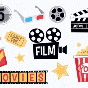 Cinema Clipart Bundle, Hollywood Movie Night, Clip Art for Scrapbook, 3-D glasses, Popcorn, Movie Elements