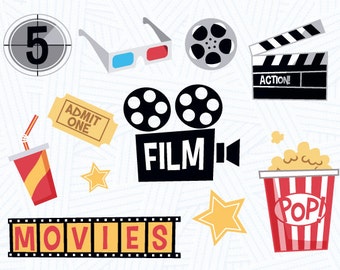 Cinema Clipart Bundle, Hollywood Movie Night, Clip Art for Scrapbook, 3-D glasses, Popcorn, Movie Elements