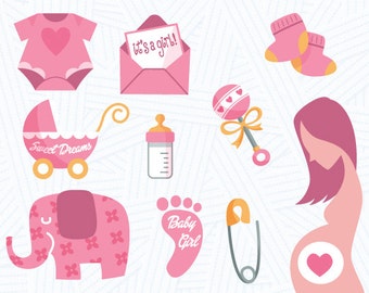 Baby Girl Digital Clip art, Pink Baby Shower, Baby Girl Graphics, Baby Girl Illustration, Baby Girl Clothes, Birthday