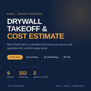 May include: A digital Excel template for Drywall Takeoff & Cost Estimate. The dark blue interface displays text including 15 line items, any currency, Q1-Q4 finishing, EN/ES, 9 sheets, 322 formulas, 2 sheets you edit, .XLSX + PDF guide, Excel, Sheets, LibreOffice.