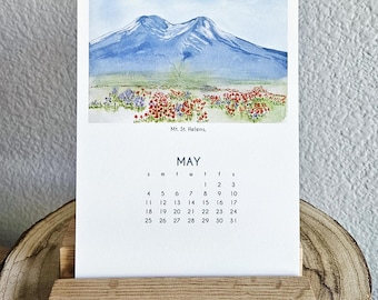2027 Desk Art Calendar 5x7 - Cascade Mountains - Watercolor Art - with Wooden Stand optional
