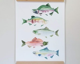 Watercolor Art PRINT - Pacific Salmon - Ocean Sea Marine River Fish
