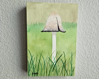 Original Watercolor art mounted on wood panel - Shaggy Inkcap Mushroom - 4x6 inches