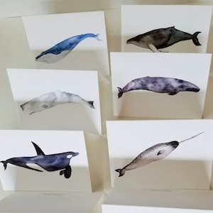 Baleines aquarelles - cartes de voeux vierges - lot de 8 impressions - format A2 - océan et mer