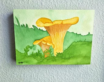 Original Pacific Golden Chanterelle Watercolor art mounted on wood panel - 5x7 inches