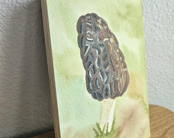 Original Watercolor art mounted on wood panel - Morel Mushroom - 4x6 inches