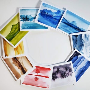 Aquarelles monochromes de paysages - Cartes de voeux d'anniversaire et de remerciement - Coffret de 10 ou 5 - Format A2 - Blanc à l'intérieur