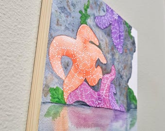 Original Ochre Sea Stars Tidepool Watercolor art mounted on wood panel - 8x8 inches