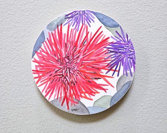 Original Sea Urchin Watercolor Painting - 6 inch Round Birch Panel