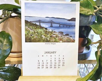 2027 - Desk Art Calendar 5x7 - Oregon Coast- Watercolor Art - with Wooden Stand optional