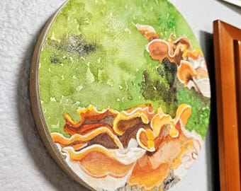 Original Hairy Curtain Crust Mushrooms Watercolor art mounted on wood panel - 6 inch circle
