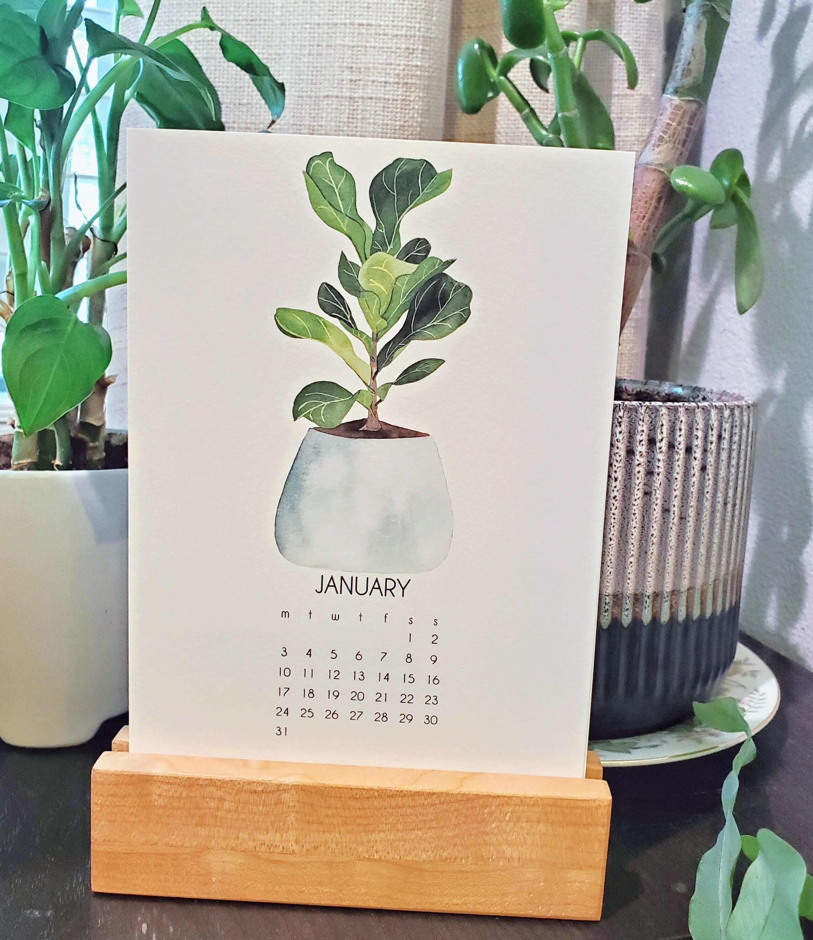 Houseplants 2025 Desk Art Calendar 5x7 PNW Watercolor Art With Wooden
