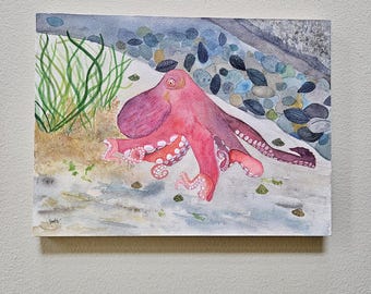 Original Watercolor - Giant Pacific Octopus - Tidepool art - 9x12