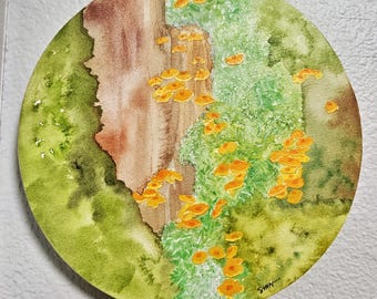 Original Golden Trumpet Mushrooms Watercolor art mounted on wood panel - 8 inch circle