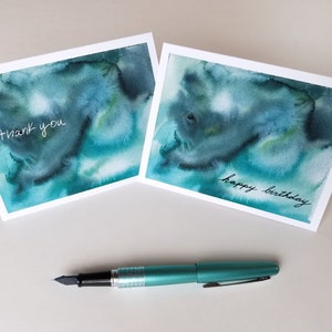 Cartes d'anniversaire et de remerciement aquarelle abstraite verte - intérieur vierge - lot de 2, 4, 6, 8 ou 10 - tirages d'art - mélange - océan