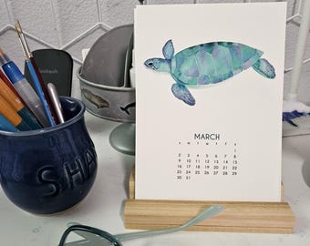 2027 Desk Art Calendar 5x7 - Ocean-Themed - Watercolor Art - with Wooden Stand (optional)