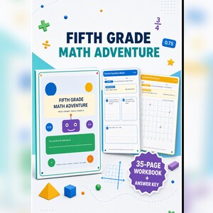 Op de afbeelding: Een 35-pagina tellend Fifth Grade Math Adventure werkboek met antwoordsleutel. De kaft toont een paarse robot, de titel en wiskundige symbolen. Twee binnenpagina's tonen decimale bewerkingen en coördinatenroosters met blauwe accenten.