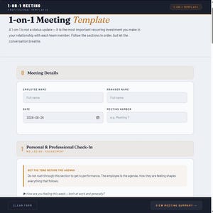 Könnte beinhalten: Eine digitale 1-zu-1-Meeting-Vorlage mit einer dunklen Kopfzeile mit dem Text 1-ON-1 MEETING und PROFESSIONAL TEMPLATES. Das Formular enthält Abschnitte für Meeting-Details, Mitarbeiternamen, Managernamen, Datum und einen persönlichen Check-in.
