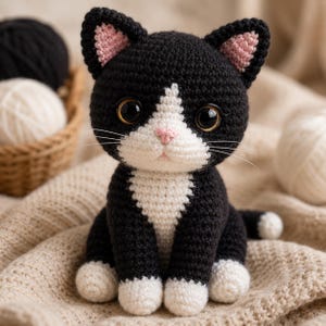 May include: A crocheted cat figurine featuring black yarn for the body, head, and tail, with white yarn accents on the chest, face, and paws. The cat has large, dark, glossy eyes, a small pink stitched nose, and pink inner ears with white whiskers.
