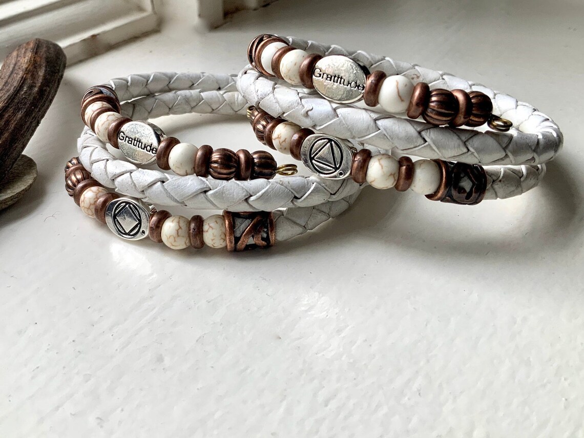 AA NA recovery sobriety bracelet white leather alcoholics Etsy