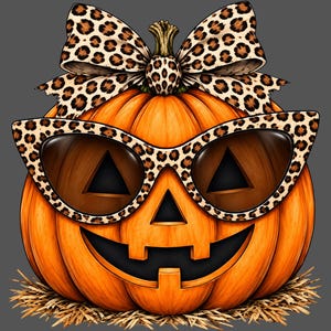 May include: An orange jack-o'-lantern pumpkin with a carved triangular nose and mouth, wearing cat-eye sunglasses with a brown leopard print pattern. A large matching leopard print bow sits on top of the pumpkin stem, resting on straw.