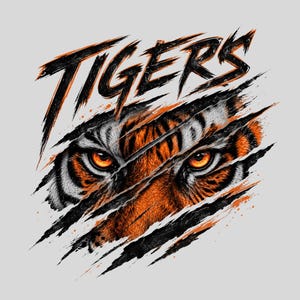 May include: A graphic design featuring the word TIGERS in a distressed black and orange font above a tiger face with piercing orange eyes. The image appears to be torn or clawed, revealing the tiger's face through diagonal black and orange slashes.