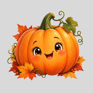 Peut inclure: Une citrouille orange vif avec un visage souriant, de grands yeux sombres et des joues roses. La citrouille présente une tige verte, des vrilles enroulées et est entourée de feuilles d'érable d'automne rouge et orange et de baies.