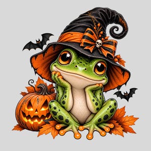 May include: A green frog with large eyes wears a black and orange witch hat featuring a small skull accent. The frog sits among orange autumn leaves next to a glowing jack-o'-lantern, with two black bats flying in the background.