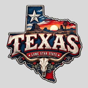 Op de afbeelding: Een sticker in de vorm van de staat Texas met een zonsonderganglandschap, een windmolen, een witte ster en een longhorn-schedel. Het woord TEXAS staat in grote letters boven de tekst LONE STAR STATE, omringd door cactussen en prikkeldraad.