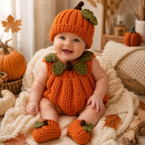 May include: A crochet pumpkin-themed outfit consisting of a ribbed orange hat with a brown stem and green leaf, a sleeveless orange romper with green leaf accents at the neckline, and matching orange booties with green leaf and brown stem details.