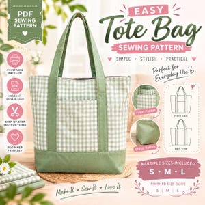 May include: A green and white gingham tote bag with solid green straps and a solid green base. The bag features a front pocket and is presented as a PDF sewing pattern with text including EASY Tote Bag SEWING PATTERN and S M L sizes.