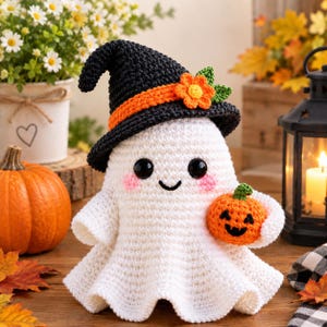 Op de afbeelding: Een wit gehaakt spookfiguurtje met een zwarte heksenhoed met een oranje band en een klein oranje bloemetje. Het spookje heeft zwarte kraaloogjes, roze wangen en een geborduurde glimlach, terwijl het een klein oranje gehaakt pompoentje vasthoudt.
