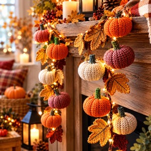 May include: A decorative garland featuring crocheted pumpkins in shades of orange, white, and muted red, interspersed with crocheted autumn leaves and warm white string lights, draped over a wooden mantelpiece with a rustic aesthetic.