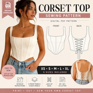 May include: A digital PDF sewing pattern for a corset top. The image displays a white sleeveless corset top with a square neckline and a lace-up back. It includes technical line drawings of the front and back, size options XS to XL, and icons for instructions, panels, and paper formats.
