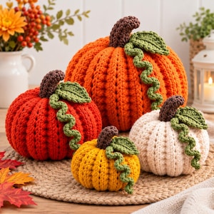 May include: A set of three crocheted pumpkins in orange, yellow, and cream. Each pumpkin features a dark brown stem and a green crocheted leaf with a curly vine. The pumpkins are textured with vertical ridges and are arranged in a cluster.