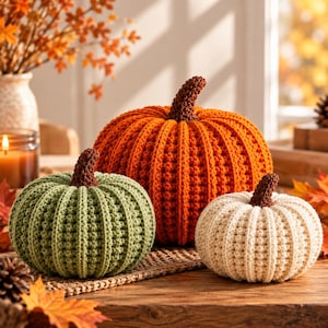 May include: Three crocheted pumpkins in varying sizes and colors. The largest is bright orange, the medium is sage green, and the smallest is cream. Each pumpkin features a textured, ribbed surface and a dark brown crocheted stem on top.