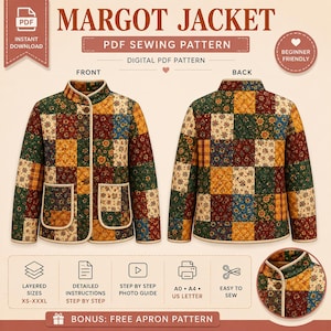May include: A digital PDF sewing pattern for the Margot Jacket, featuring a quilted patchwork design with floral and plaid squares in green, red, yellow, and blue. The pattern includes front and back views, layered sizes XS-XXXL, detailed instructions, a photo guide, and a bonus free apron pattern.