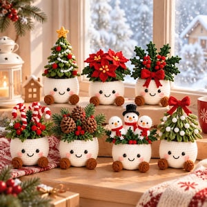May include: A collection of seven crocheted holiday decorations in white pots with smiling faces. The set includes a Christmas tree with a star, a poinsettia, holly, candy canes, pinecones, three snowmen, and a tree with a red bow.