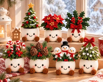 Macetas navideñas de ganchillo, plantas festivas de ganchillo, mini decoración navideña de flor de Pascua con muñeco de nieve, adorno navideño hecho a mano para estante, regalo de amigo invisible